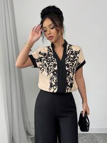 Rafferiza 优雅杏色和黑色花卉印花短袖蝙蝠袖衬衫，女士可爱衬衫 - 咖啡棕 - 查看 5