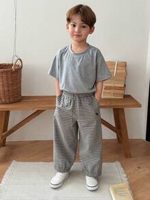 Dazy Kids 男童格子印花刺绣抽绳腰斜插口袋裤 - 黑與白 - 查看 5