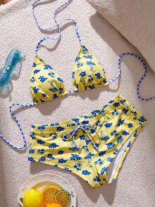 Swim Mod 2026 Spring/Summer New Floral Print Sexy Backless Halter Tie Shorts 2pcs Beachwear Swimwear Set Bikini Set - Yellow - View 7