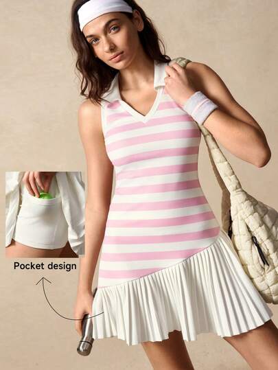 VARSIVA Back To School Fashion. Vanilla Style. Pink And White Striped Sleeveless Tennis Dress, Pleated Tennis Mini Dress, Color-Blocked Tennis Dress, Cheerleader Dress, Suitable For Tennis, Cheerleading, Everyday Wear, Suitable For Spring And Summer. Sunny Journey.