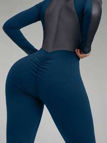 Innovista 网眼拼接修身连体衣 运动紧身衣 健身房女士运动服 女士健身套装 女士健身服套装 运动披肩 健身紧身衣 健身房运动紧身裤 - 藍色 - 查看 5