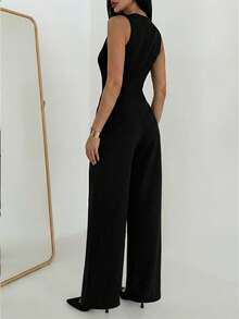 Aloruh Black Backless Spaghetti Strap Jumpsuit, Slim Shoulder Wide Leg Elegant Versatile, Suitable For Daily Wear, Dates, Parties And Other Occasions - Black - View 2