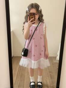 SHEIN 新款夏季女童连衣裙，优雅单件设计，荷叶边领口，无袖撞色网纱裙摆，公主风连衣裙，适合日常穿着、派对、旅行等场合。 - 粉色 - 查看 4