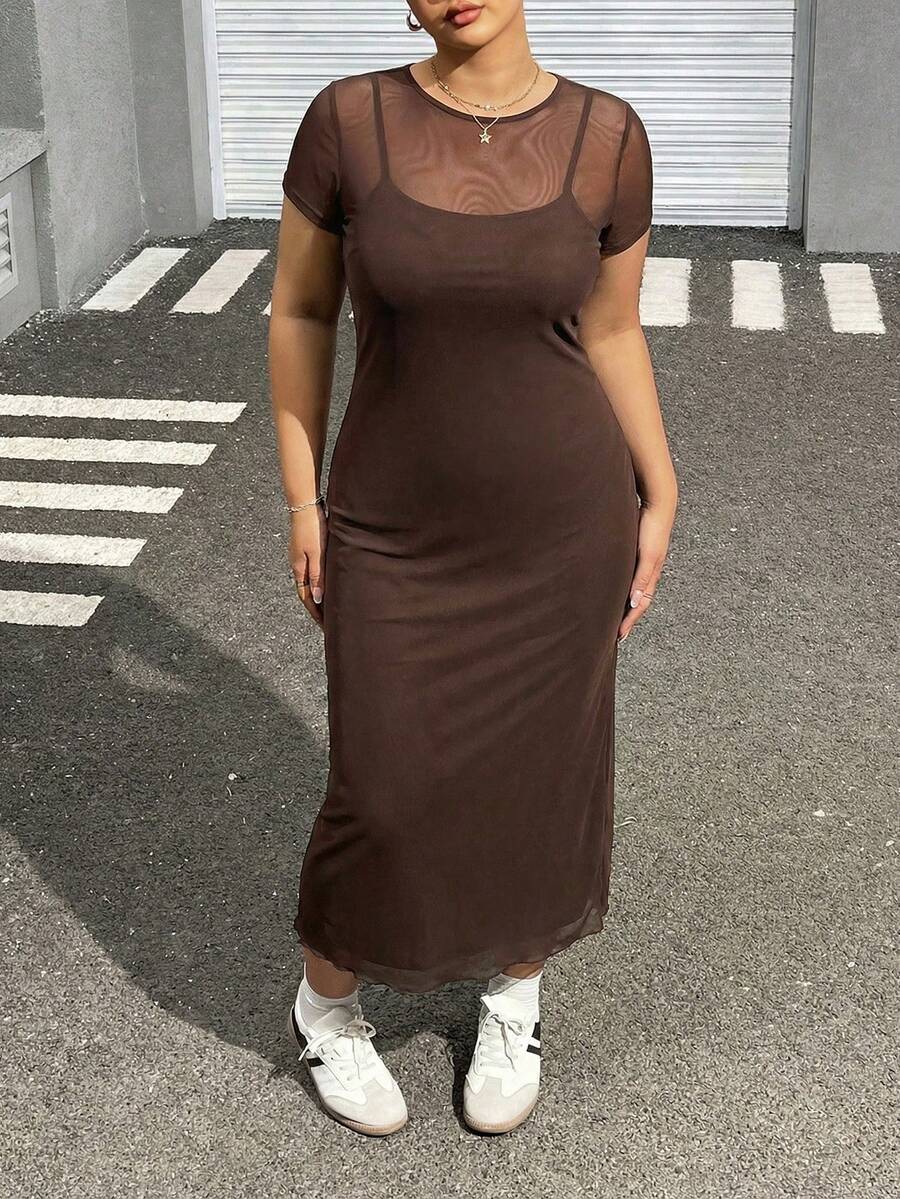 SHEIN EZwear Plus Size Summer Casual Solid Color Mesh Dress - Brown - View 1