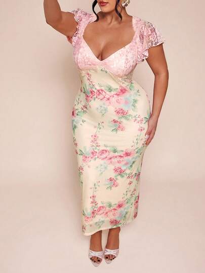 SHEIN BAE Plus Size Women Floral Print Elegant Lace Patchwork Dress,Dresses For Women,Maxi Dress,Birthday Dresses For Women,Summer Dresses,Wedding Guest Dress Women ,Summer Dress,Wedding Guest Dress Women,Dress,Prom Dress,Beach Dress,Summer Dresses,Vacation Outfits Women,Easter Dresses For Women,Plus Size Woman Dresses,Plus Size Woman Dresses,Dresses For Women Plus Size,Dresses For Women Plus Size,Party,Elegant,Wedding,Graduation,Music Festival,Concert, Spring Clothing
