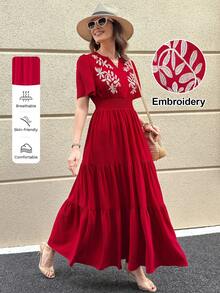 Solivie Women's Long Embroidered Dress, Red Elegant Vacation Dress, Spring/Summer Summer Dress Vacation Outfits Women Floral Dress Red Elegant Dress Women Embroidered Dresses For Women Red Casual Dress Women's Maxi Dress Wedding Guest Dress Birthday Dresses For Women Floral Dress Red Dress Boho Red Dress Red Casual Maxi Dress Elegant Red Dress For Women  Summer Vacation Outfits Women Going Out Outfits - Red - View 1