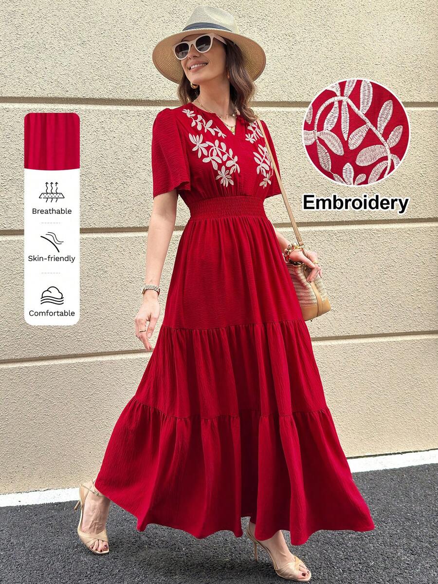 Solivie Women's Long Embroidered Dress, Red Elegant Vacation Dress, Spring/Summer Summer Dress Vacation Outfits Women Floral Dress Red Elegant Dress Women Embroidered Dresses For Women Red Casual Dress Women's Maxi Dress Wedding Guest Dress Birthday Dresses For Women Floral Dress Red Dress Boho Red Dress Red Casual Maxi Dress Elegant Red Dress For Women  Summer Vacation Outfits Women Going Out Outfits - Red - View 1