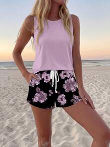 Sylviya 2 件女式夏季花卉印花无袖圆领吊带背心和短袖两件套，适合外出和度假 - 彩色 - 查看 4