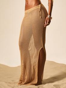 MISSGUIDED Women Beige Crochet Knit Two Piece Co-Ord Set Triangle Bralette With Maxi Side Split Skirt Beach Summer Vacation Outfit - Khaki - View 6