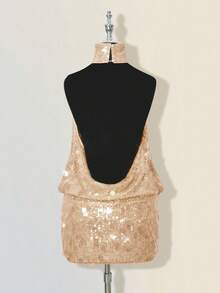 SHEIN ICON Glittering Sequin High Neck Backless Ruched Bodycon Mini Dress,Summer Dresses For Women - Apricot - View 2