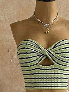 Soleia Women's Vacation Striped Twist Design Cropped Bandeau Top - Mint Green - View 4