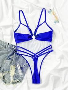 Swim SXY 1 件装女士纯色露背性感细肩带连体泳衣夏季 - 寶藍色 - 查看 5