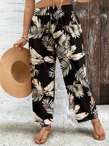 SHEIN VCAY Plus Size Women Tropical Leaf Print Pants - Multicolor - View 3