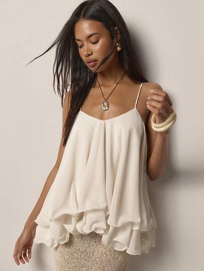 COSMINA Women's Elegant Casual Spaghetti Strap Ruffle Hem Solid Color Blouse, BOHO Resort Y2K Romantic Camisole Top