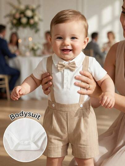 Souflis Souflis 2pcs Baby Boy Gentleman Outfit, Includes Collared Jumpsuit With Bowtie And Adjustable Suspender Shorts, Suitable For Occasions, Parties, Formal Events, Weddings, Christenings, Ceremonies And Birthday Celebrations, For Infants 1 Month To 2 Years Old, Baby Bodysuit,1st Birthday Outfit,Photoshoot Outfit, Summer,Kid Clothes,Toddler Clothes, Baby Western, Baby Outfit,Birthday Outfit,Baptism Outfit,Christening Plain Gentleman Outfit Toddler Boys Beige Wedding Outfit Baby Boy Gentleman Suit