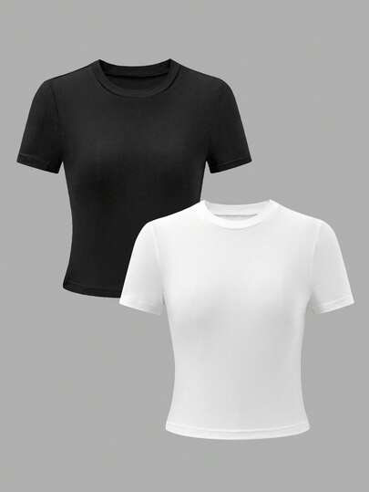 女童休闲度假黑白修身圆领T恤，夏季上衣，修身时尚设计，适合运动、健身、户外活动、校园穿着、日常穿着