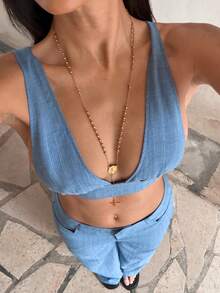 StreetHx Women's Y2K Style Striped Camisole 2 Pieces Set, Casual Streetwear, Spring/Autumn - Light Wash - View 5