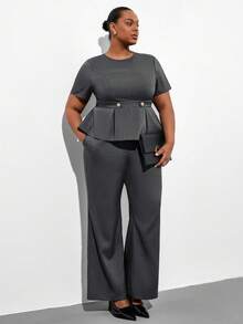 SHEIN Clasi Plus Size Minimalist Black & Grey,Summer,Elegant,Semi Formal Shirt And Flare Pants 2 Pieces Set,Women Business Professional Office Wear Work Outfits - Grey - View 6