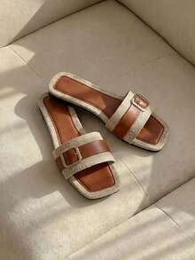 Resyla 1双度假风撞色平底拖鞋，女士方头沙滩拖鞋，亚麻图案凉拖，夏季百搭 - 棕色 - 查看 3