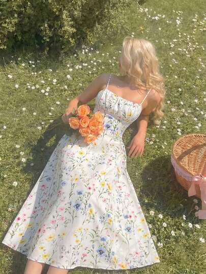 SHEIN MOD Vintage Brown Portrait Oil Painting Print Slim-Fit Stretchy Maxi Dress, Ruffled Detailing, High Slit, Mermaid Hem, Sleeveless Tank Style, Western-Inspired, Boho Vibes, Retro 70s, Y2K, Perfect For Date Night, Party, Royal, Festival & Birthday Wear