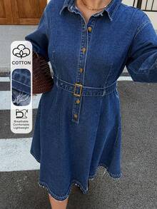 Dazy Plus Vestido midi de mezclilla lavada vintage oscura, vestido de mezclilla de manga larga con cuello y media cartera casual, primavera/otoño - Azul lavado oscuro - Ver 1