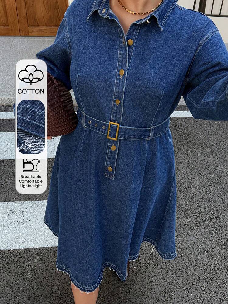 Dazy Plus Vintage Washed Dark Denim Midi Dress, Casual Collared Half-Placket Long Sleeve Denim Dress, Spring/Autumn