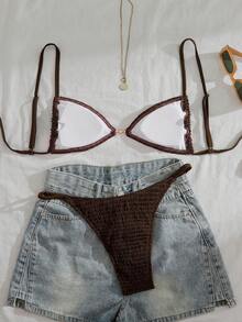 Swim Vcay Bikini de dos piezas de unicolor para mujer, estilo casual de vacaciones - Café integral - Ver 2
