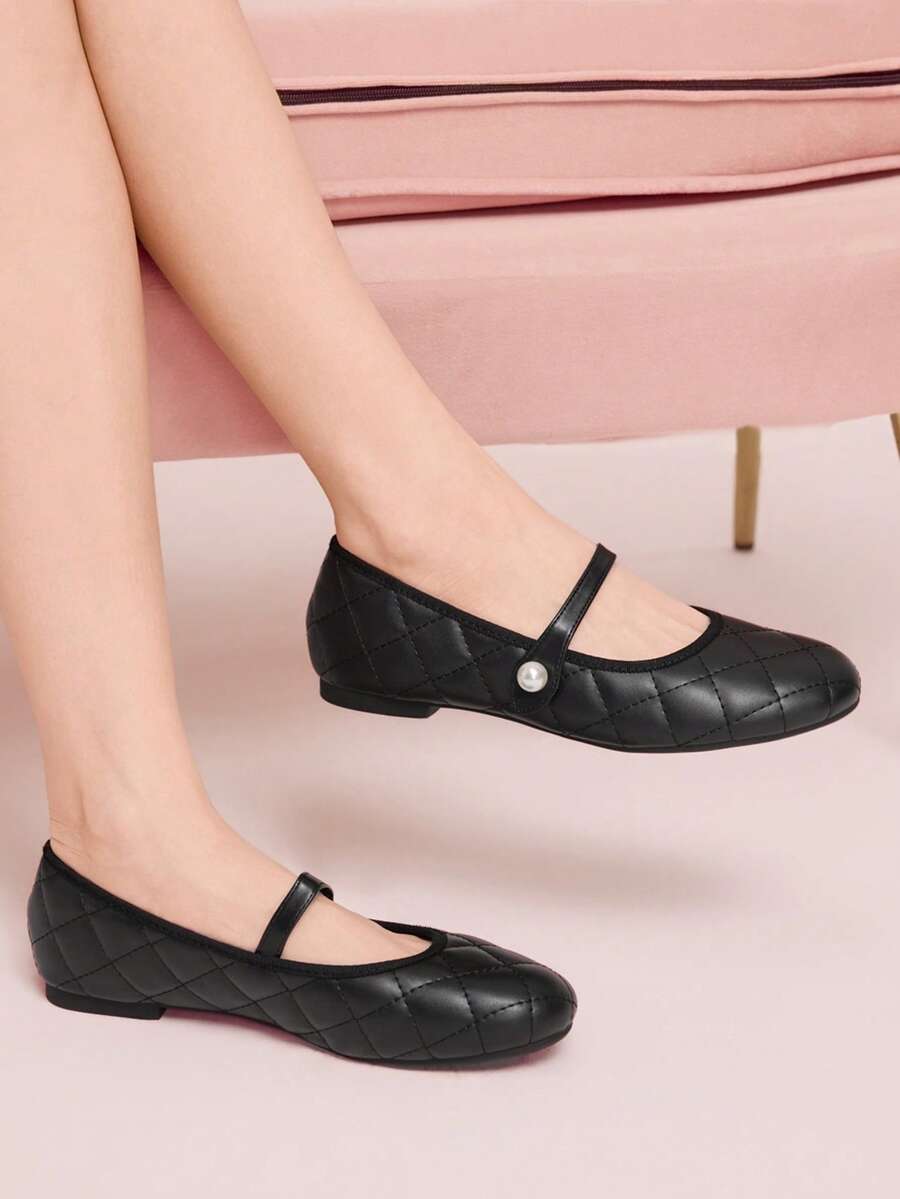 CUCCOO DOLLMOD 黑色平底通勤学院风女鞋，简约菱形图案，女士套脚百搭芭蕾舞鞋，玛丽珍鞋 - 黑色 - 查看 1
