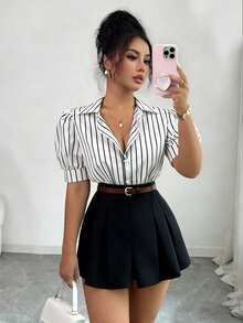 GlowEve 女士条纹短花瓣袖单排扣休闲衬衫 - 黑與白 - 查看 1