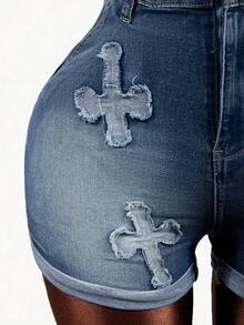 Mistrie Women's Cross Patch Frayed Denim Romper - Blue - View 5