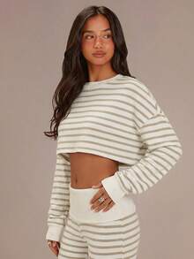 Athîral Women's Casual Everyday Commute Contrast Stripe Print Loose Fit Drop Shoulder Long Sleeve Cropped Top, Spring/Summer/Autumn - Apricot - View 5