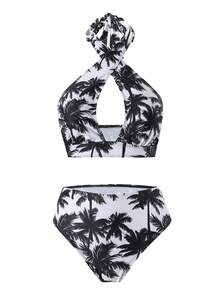 Swim Oasis 3件套女士夏季沙滩棕榈树椰子树印花露背系带上衣、比基尼泳裤、黑色网纱长裙、沙滩巾，优雅泳装套装 - 黑與白 - 查看 5