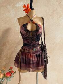 Soleia Đầm ngắn cổ chữ V đính sequin và ngọc trai gợi cảm kiểu vintage, thắt eo kiểu yếm, viền bèo nhún đôi, phong cách Bohemian, Boho, thích hợp cho kỳ nghỉ, trang phục mùa thu dành cho nữ, vintage, lễ hội. - màu nâu - Xem 1