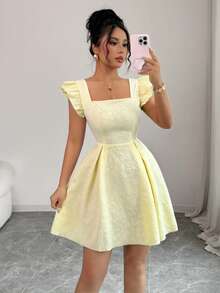 Elenzga Đầm công sở mini thanh lịch, ngọt ngào, màu kem vàng, mùa hè, cổ vuông, tay ngắn, dáng chữ A, chất liệu cao cấp, họa tiết hoa, chất liệu dệt hoa, thích hợp cho ngày Quốc khánh Mỹ Y2K. - Vàng nhạt - Xem 3