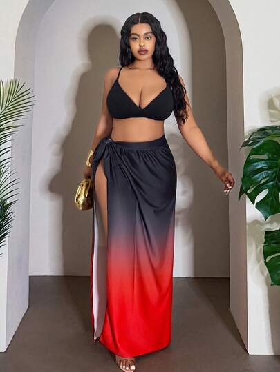 Slaydiva New Gradient Color Print Elegant Slit Maxi Skirt & Plus Size Cover-Up Set, Suitable For Beach Vacation, Plus Size
