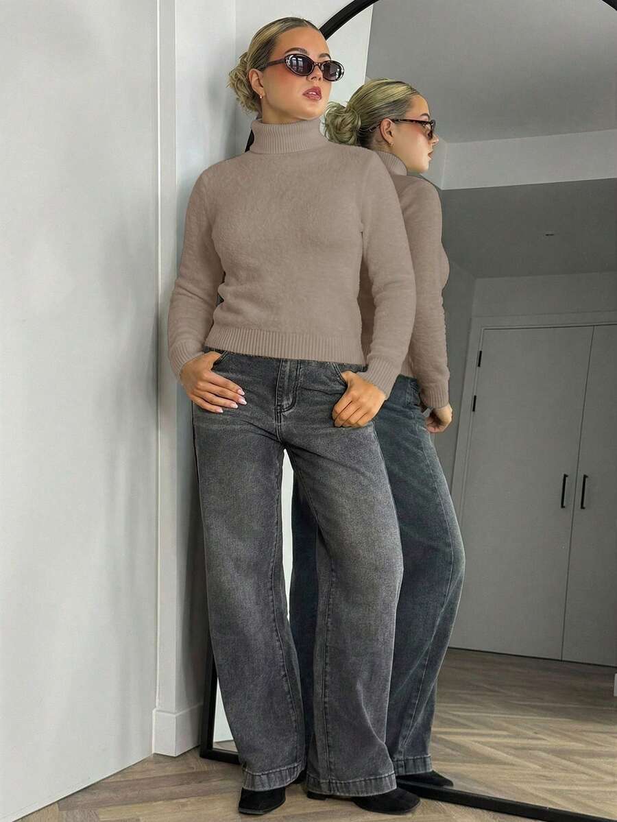 Bethéva 高领保暖内衬修身保暖毛衣，秋冬季加厚保暖打底衫，针织套头衫 - 棕色 - 查看 1