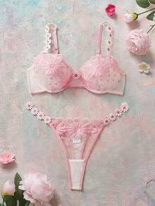 2pcs Women Sexy Underwear Bra & Panty Lingerie Set With Embroidery Lace - Pink - View 6