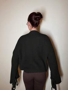 Abrilcols 棕色针织袖口系带宽松套头衫，秋冬新品 - 黑色 - 查看 2