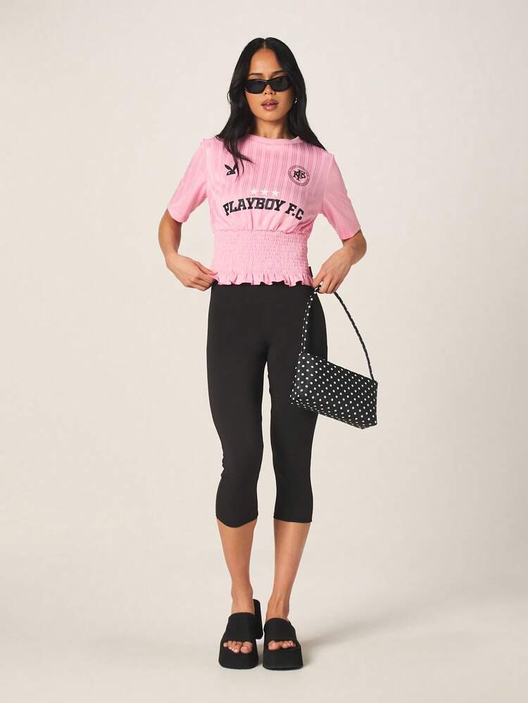 Missguided x Playboy Shirred Fitted Waist Crop Football Jersey T-Shirt With Varsity Number Print And Ruffle Hem, World Cup 2026 Sporty Game Streetwear Jersey