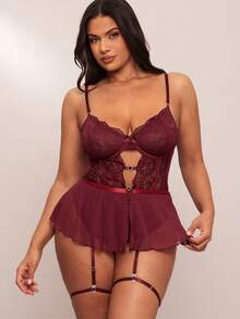 SHEIN BAE 4 件套大码性感网眼蕾丝拼布泰迪内衣套装 - 酒紅色 - 查看 5