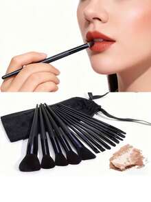 13Pcs Makeup Brush Set With 1 Puff & 1 Sponge - Foundation Eyeshadow Concealer Blush Powder Brushes, Full Beauty Tool Kit For Women - Black - View 4