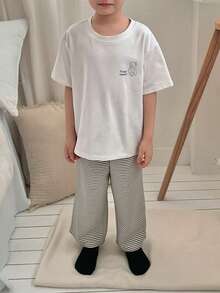 Dazy Kids Young Boy Cartoon Letter Print Round Neck Short Sleeve Top And Striped Pants Casual Loungewear Pajama Set - White - View 8