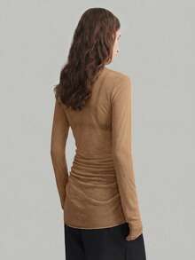 Ontre 女士透视网纱高领长袖上衣，百搭实用，适合都市通勤、商务休闲、约会、度假、婚礼等场合。 - 卡其色 - 查看 2