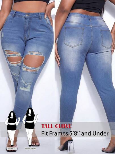 SHEIN PETITE CURVE Plus Size Ombre Distressed Slant Pocket Skinny Fashion Jeans