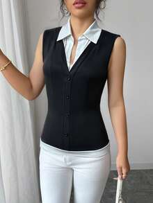 Rafferiza Women's Elegant Black & White Patchwork Sleeveless Top,Women's Casual Knitted Fabric Sleeveless Collar Top 2 In 1 Black Colorblock Tank - Black - View 5
