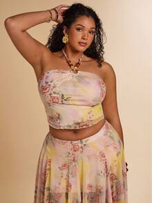 SHEIN BAE Plus Size Women Floral Print Fitted Sleeveless Tube Top, Summer Tops - Multicolor - View 8