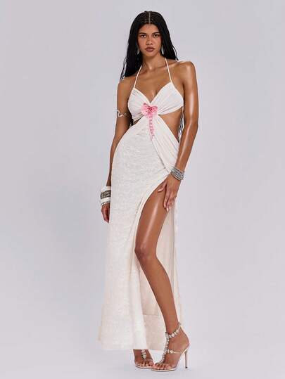 ROMWE Y2K Summer Beach Vacation Lace Floral Decor Hollow Sexy Dress For Women