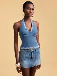 Travachic Áo sơ mi denim ôm dáng, hở lưng, cổ yếm, phong cách nghỉ hè dành cho nữ, họa tiết Paisley. - Rửa trung bình - Xem 4