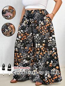 SHEIN CURVE+ Curve 尺码 US22 音乐节、海滨度假、波西米亚风女士春夏休闲沙滩装，时尚商务通勤优雅阔腿裤，带口袋，印花图案，春夏裤装/乡村/沙滩装/沙滩装 - 彩色 - 查看 2