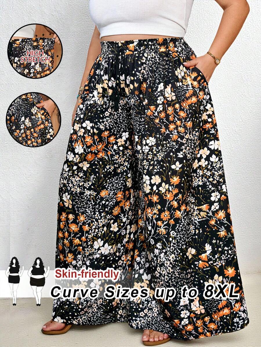SHEIN CURVE+ Curve 尺码 US22 音乐节、海滨度假、波西米亚风女士春夏休闲沙滩装，时尚商务通勤优雅阔腿裤，带口袋，印花图案，春夏裤装/乡村/沙滩装/沙滩装